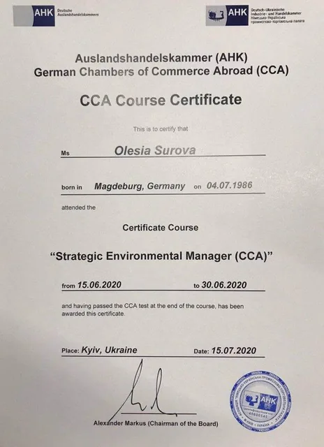 CCA Course Certificate — «Strategic Environmental Manager (CCA)»