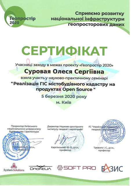 Сертифікат «Геопростір 2020» — семінар «Реалізація ГІС містобудівного кадастру на продуктах Open Source»