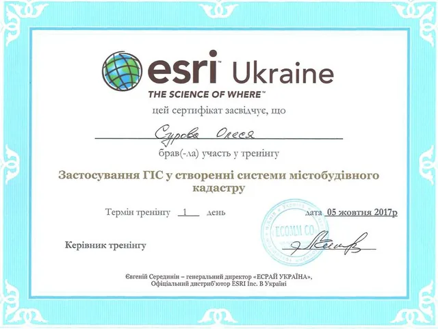 Сертифікат — тренінг «Застосування ГІС у створенні системи містобудівного кадастру»